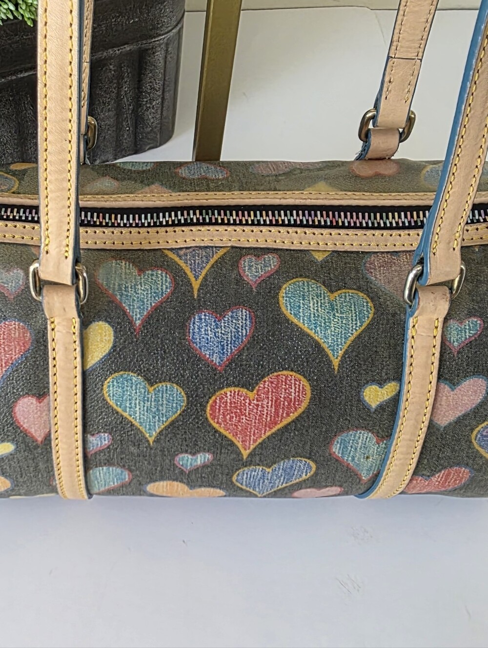Vintage Dooney & Bourke Crayon Hearts Coated Cotton Bag Coin Purse Set - Picture 5 of 16